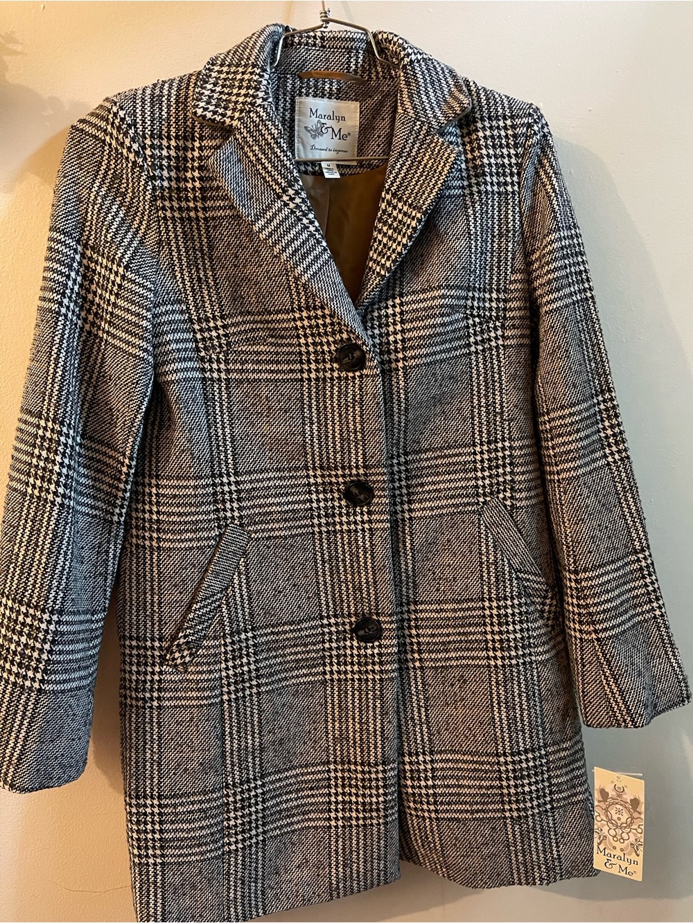 Maralyn & Me Black and White Glen Plaid Pea Coat